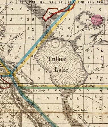 1866 BLM map of Tulare Lake above the 200-foot level, but not actively discharging into Summit Lake and the Fresno Slough.